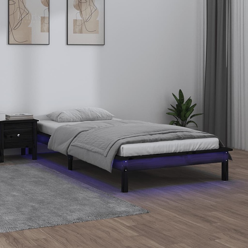 Cadre de lit  LED sans matelas noir 75x190 cm bois massif