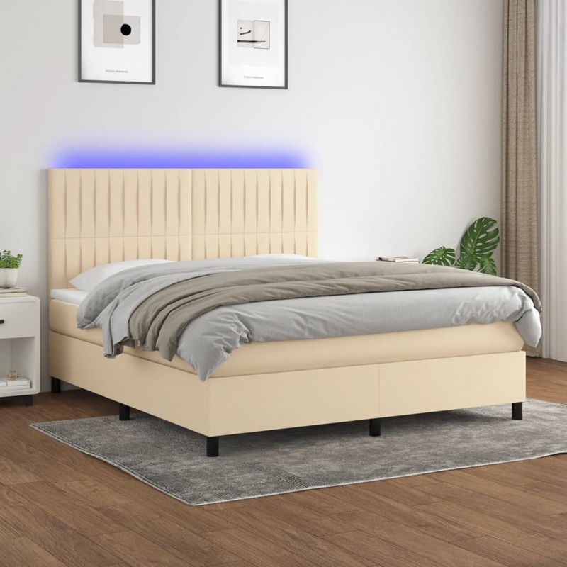 Sommier  lattes de lit et matelas et LED Crme 180x200cm Tissu