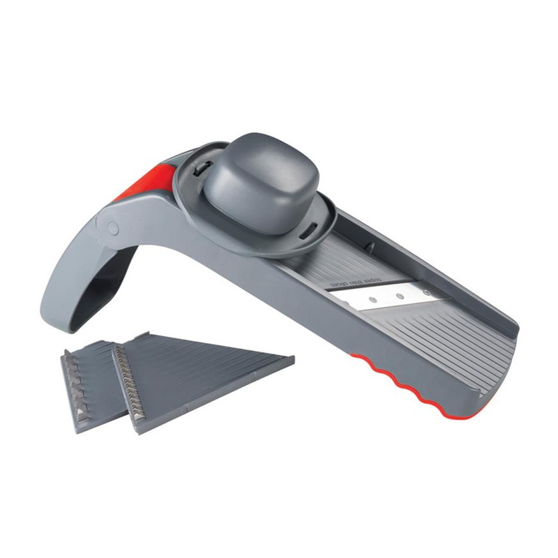 Folding Mandolin Slicer With 5 Cutting Blades And Storeage Box - Grey / Red