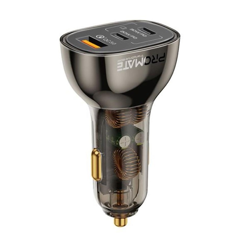 Promate 80W Quick Charging In-Car Adapter For Tablets & Smartphones.