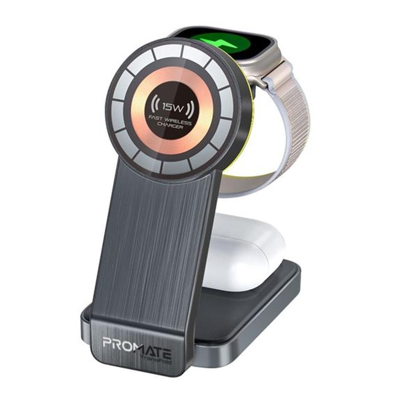 Promate 3-In-1 Foldable 15W Magsafe Wireless Charging Station.