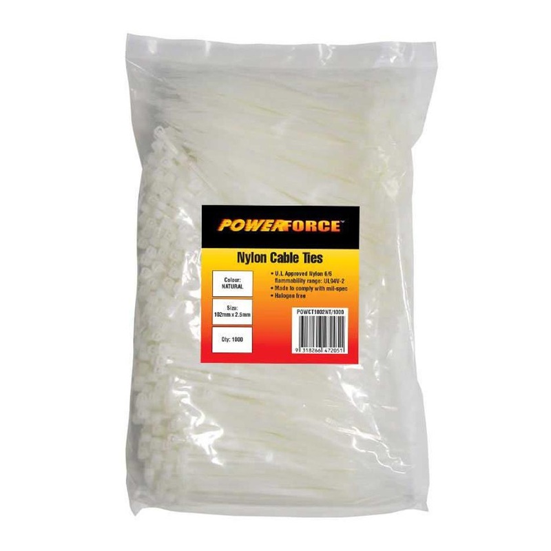 Powerforce Cable Tie Natural 102Mm X 2.5Mm Nylon Pack Of 1000.
