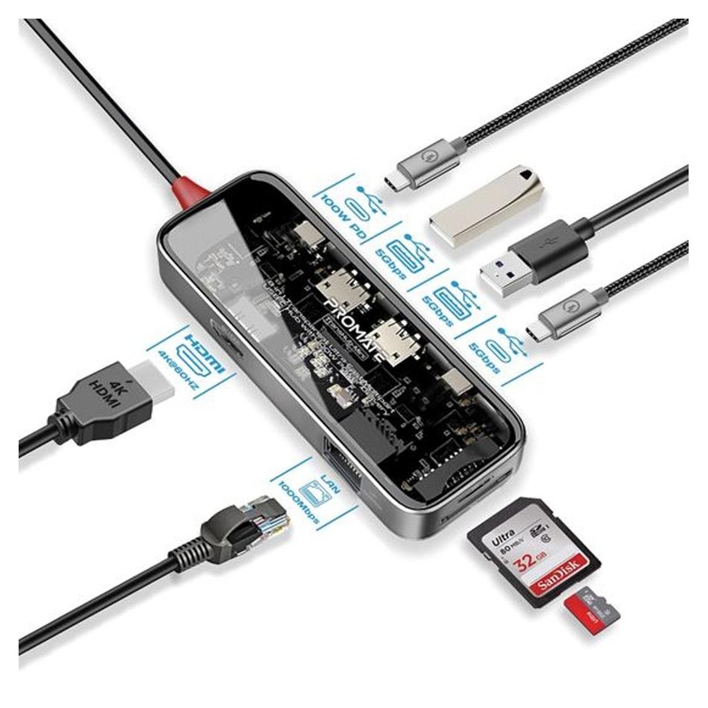 Promate 8-In-1 Usb Multi-Port Hub With Usb-C Connector. TRANSHUB-MINI
