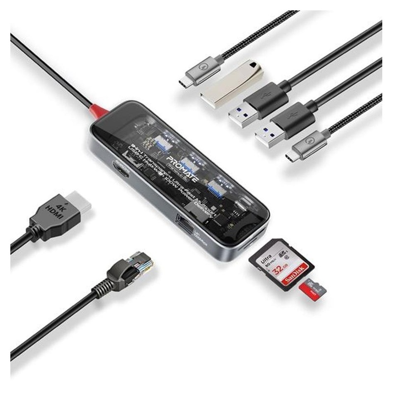 Promate 9-In-1 Usb Multi-Port Hub With Usb-C Connector. TRANSHUB-GO