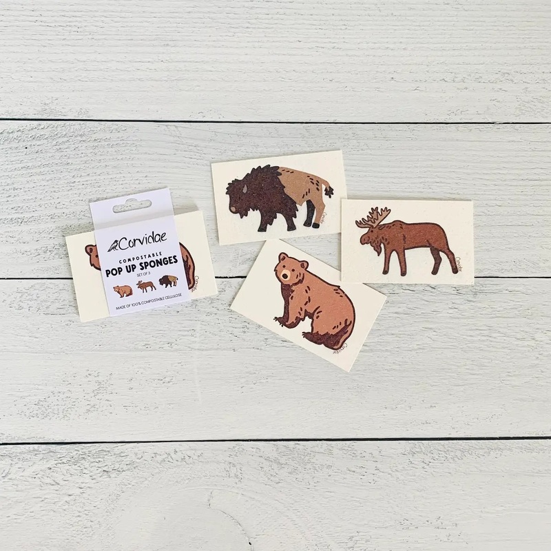 Corvidae Compostable Pop-Up Sponges (Set of 3): Bear, Moose, BIson