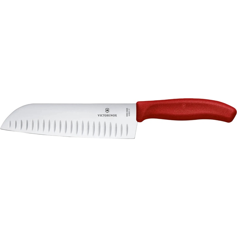 Victorinox - 7" Granton Blade Red Santoku Knife, Blister Packing - 6.8521.17B