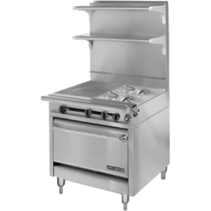 American Range - 34" Stainless Steel Heavy Duty Range Gas 17" Hot Top, 2 Open Burners and Convection Oven - HD34-1HT-2-1C