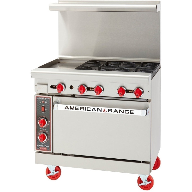 American Range - 36" Stainless Steel Restaurant Range With 24" Griddles, 2 Burners, And 26.5" Innovection Oven - AR-24G-2B-NV
