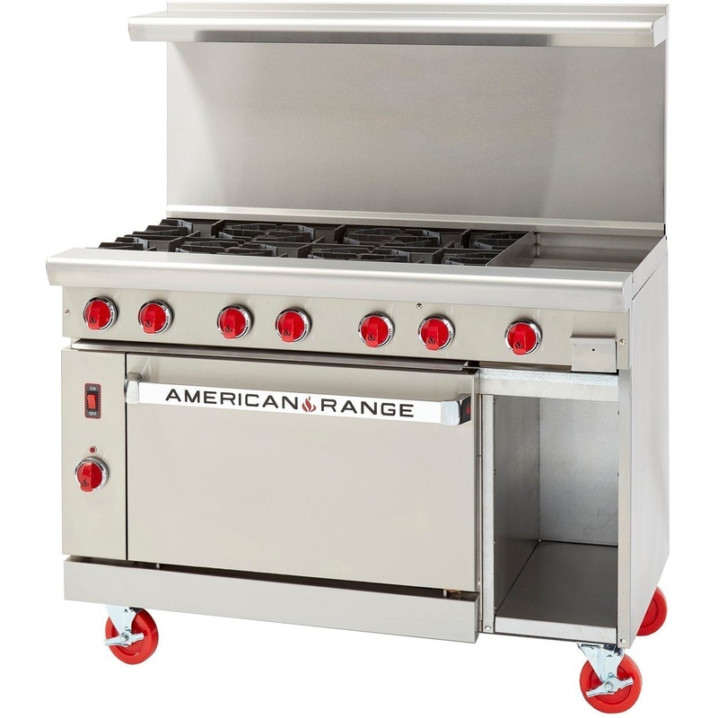 American Range - 48" Stainless Steel Restaurant Range 24" Griddles With 4 Burners, (1) 26.5" Standard Oven and Storage Base - AR-24G-4B-126L-SBR