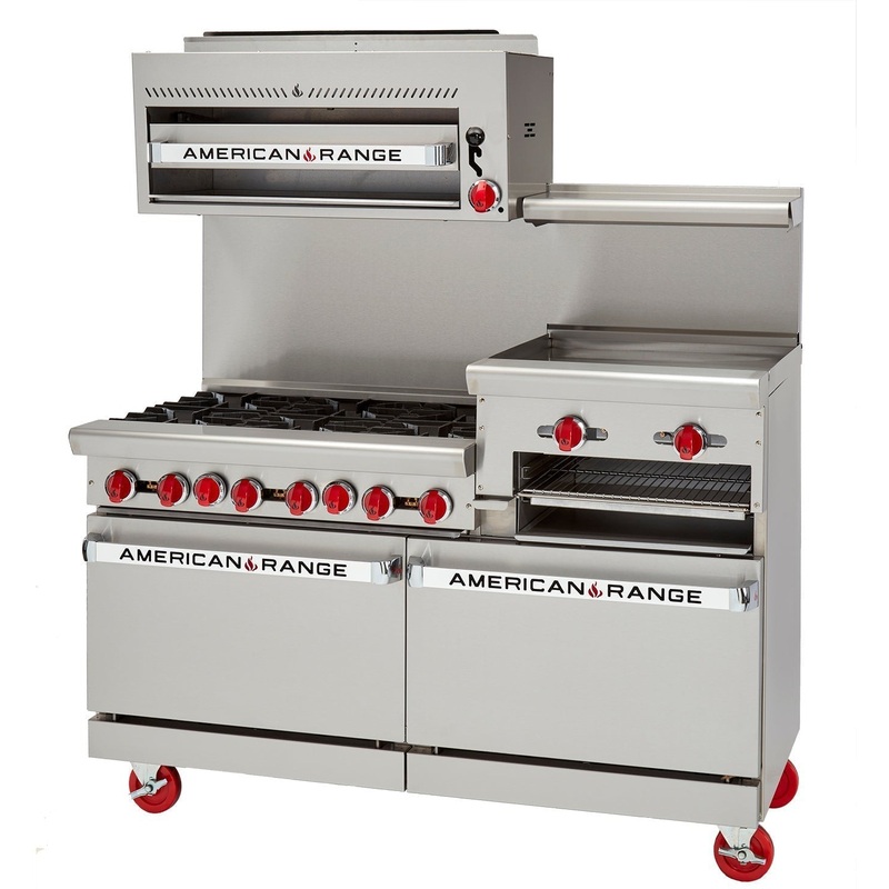 American Range - 72" Stainless Steel Restaurant Range 36" Raised Griddles, 6 Burners With 26.5" 1 Convection Oven and 1 Storage Base - AR-6B-36RG-CL-SBR