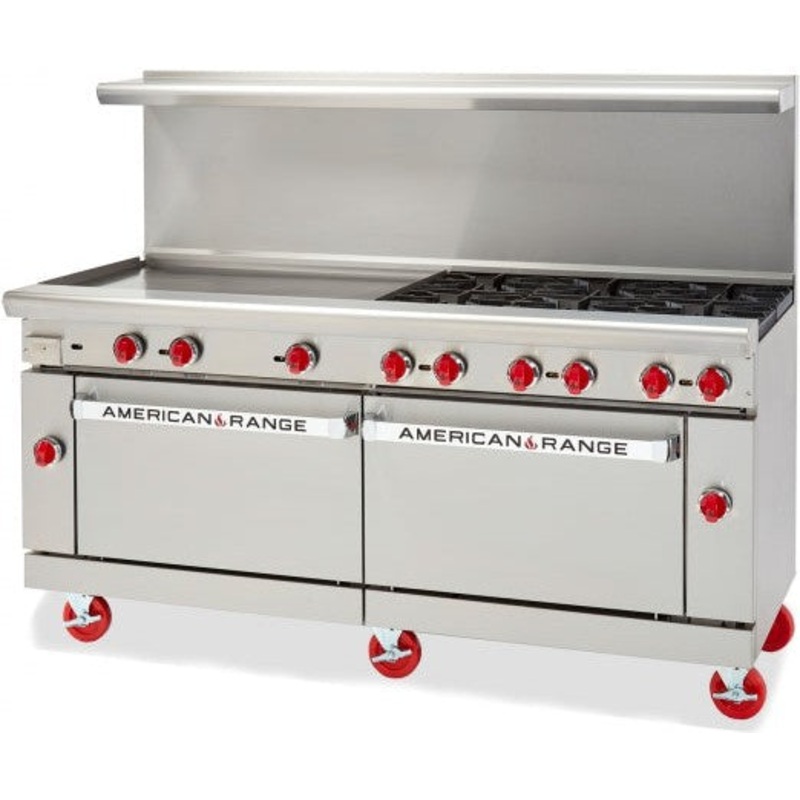 American Range - 72" Stainless Steel Green Flame Range 48" Griddles and 4 Burners With 2 Standard Ovens - ARGF-48G-4B