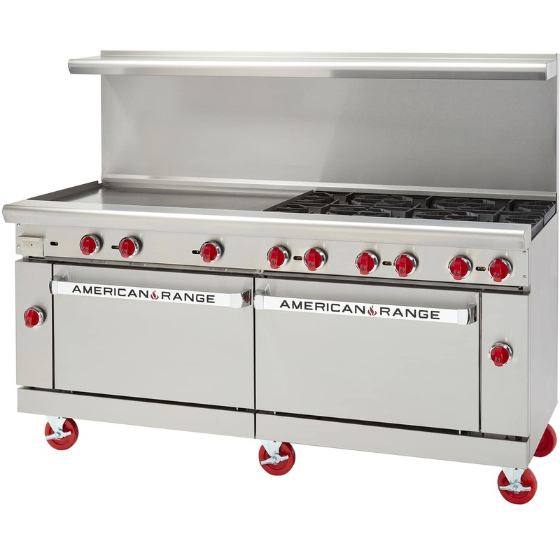 American Range - 72" Stainless Steel Restaurant Range 36" Griddles 6 Burners With 26.5" 2 Convection Oven - AR-36G-6B-CC
