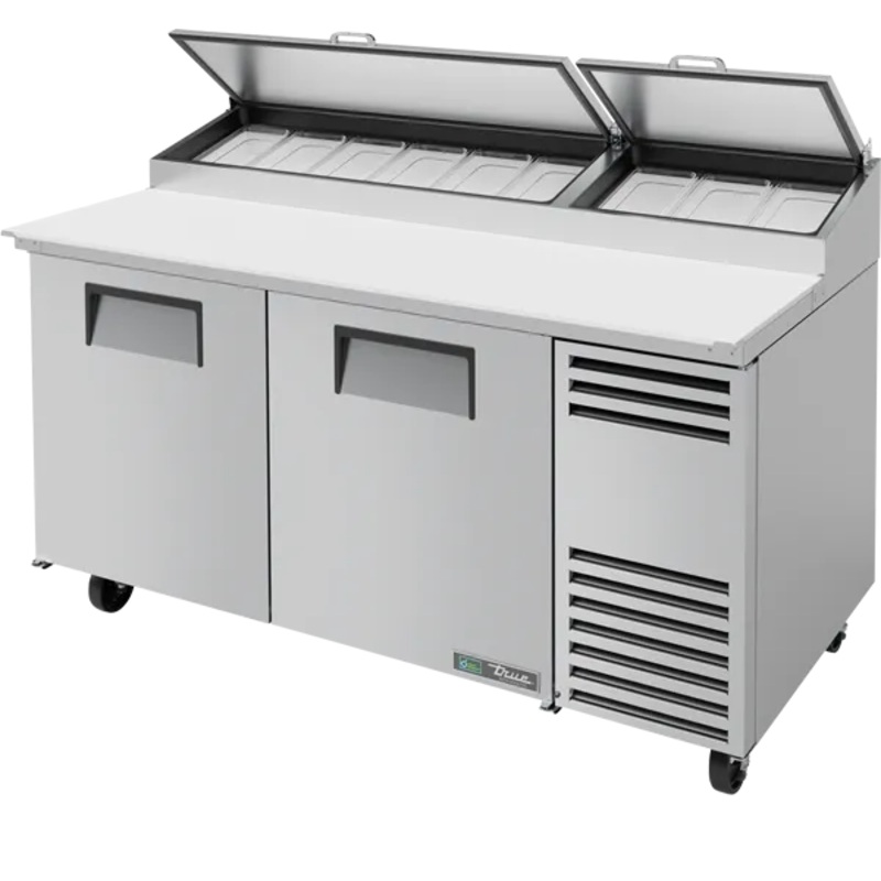 TRUE - 67" Stainless Steel Solid Door Pizza Prep Table with Angled Top and Hydrocarbon Refrigerant - TPP-AT-67-HC