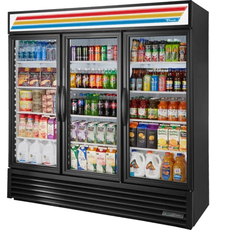 TRUE - 78" Black Swing Triple Glass Door Refrigerator with Hydrocarbon Refrigerant - GDM-72-HC