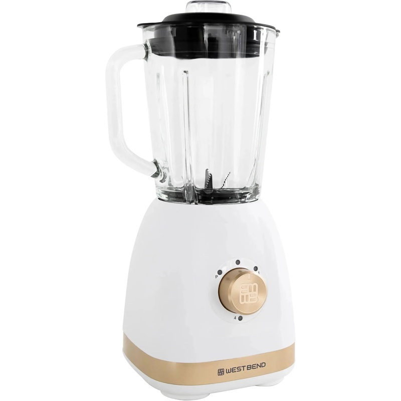 West Bend - 48 Oz Glass Jar White & Gold Multi-Function Blender with Travel Cup - BLWB48WG13