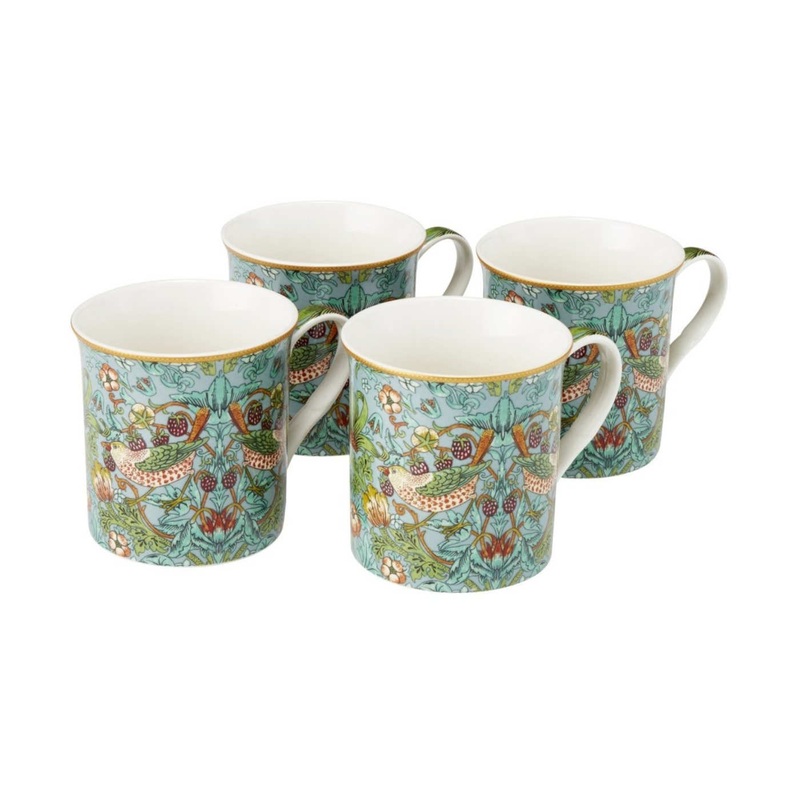William Morris Co. Aqua Strawberry Thief Mugs 220ml (Set of 4)