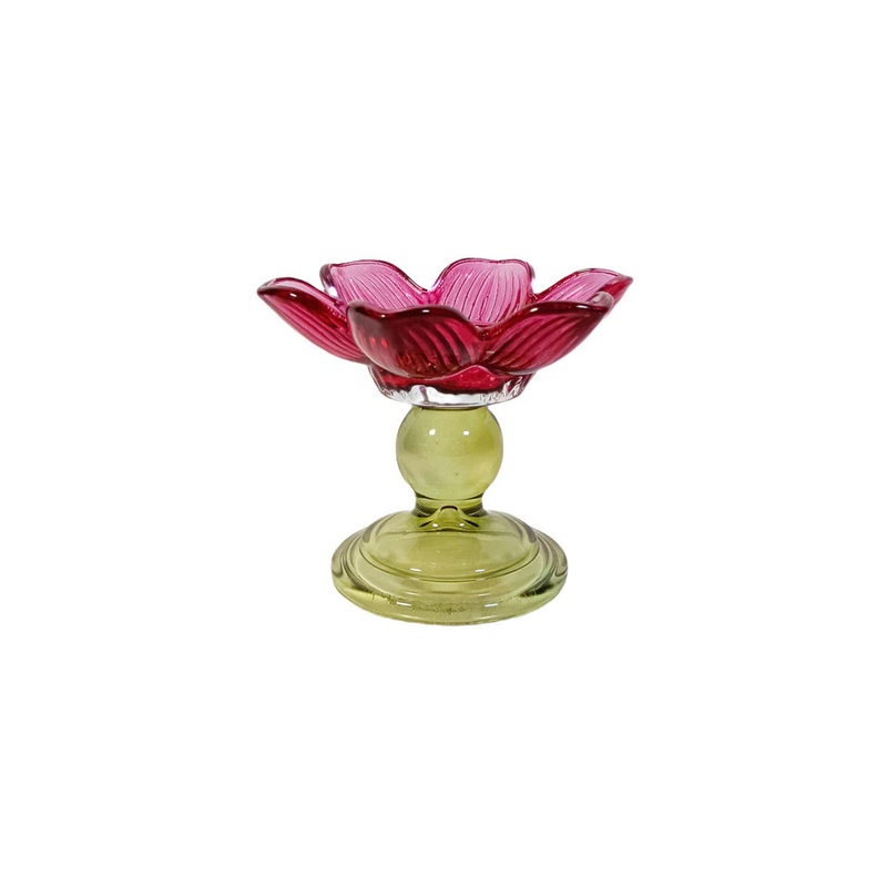 Zina Glass Floral Tealight Green/Ruby 10cm