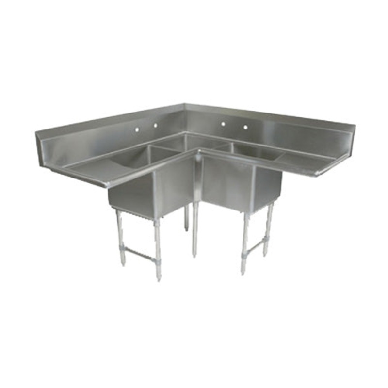 John Boos E3BCS-184-2D18-X E-Series Corner Sink, 3 Compartments, 2 Drainboards