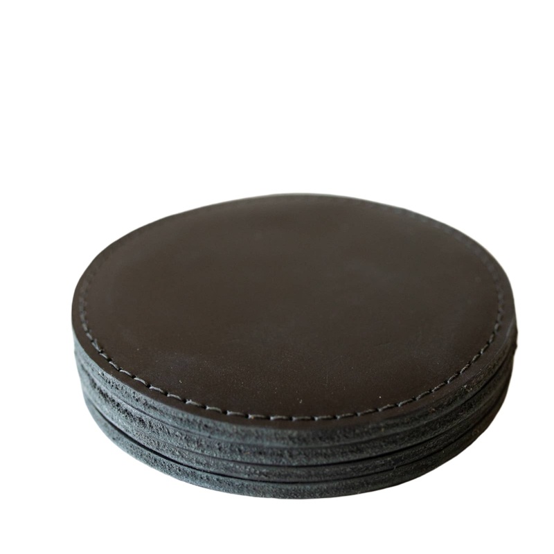 Leather Sewn Coaster Set: Black / Small