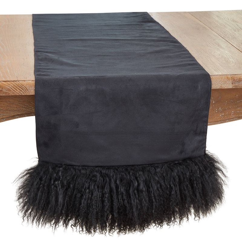 Mongolian Lamb Fur Runner: Black / 16"x72"