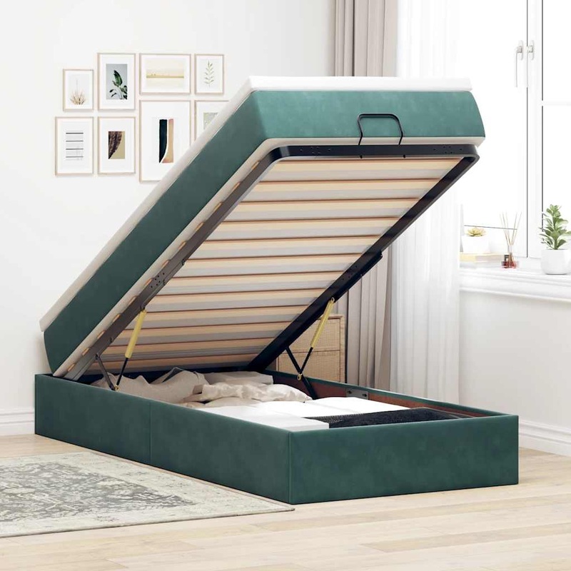 Cadre de lit ottoman avec matelas vert fonc 100x200 cm velours