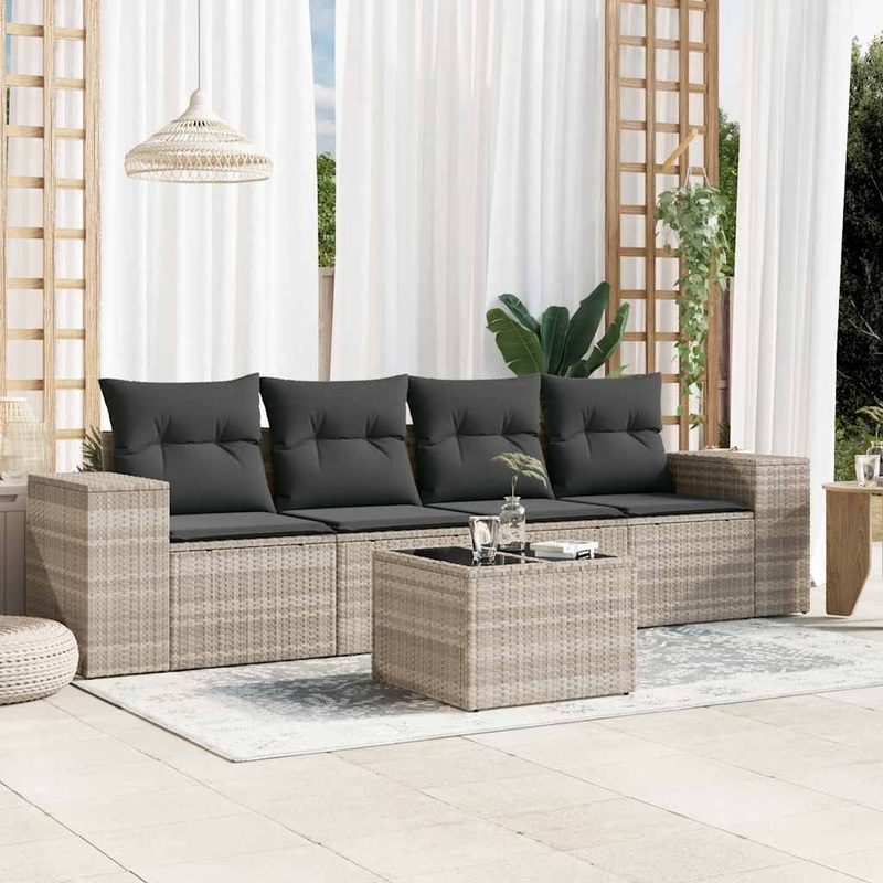 Salon de jardin 5 pcs avec coussins gris clair rsine tresse