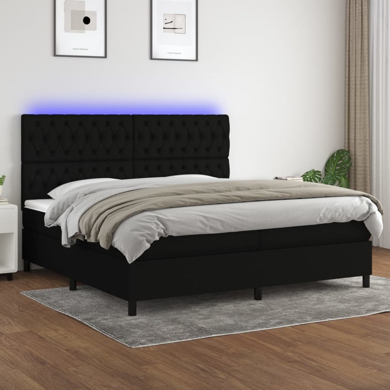 Sommier  lattes de lit et matelas et LED Noir 200x200 cm Tissu